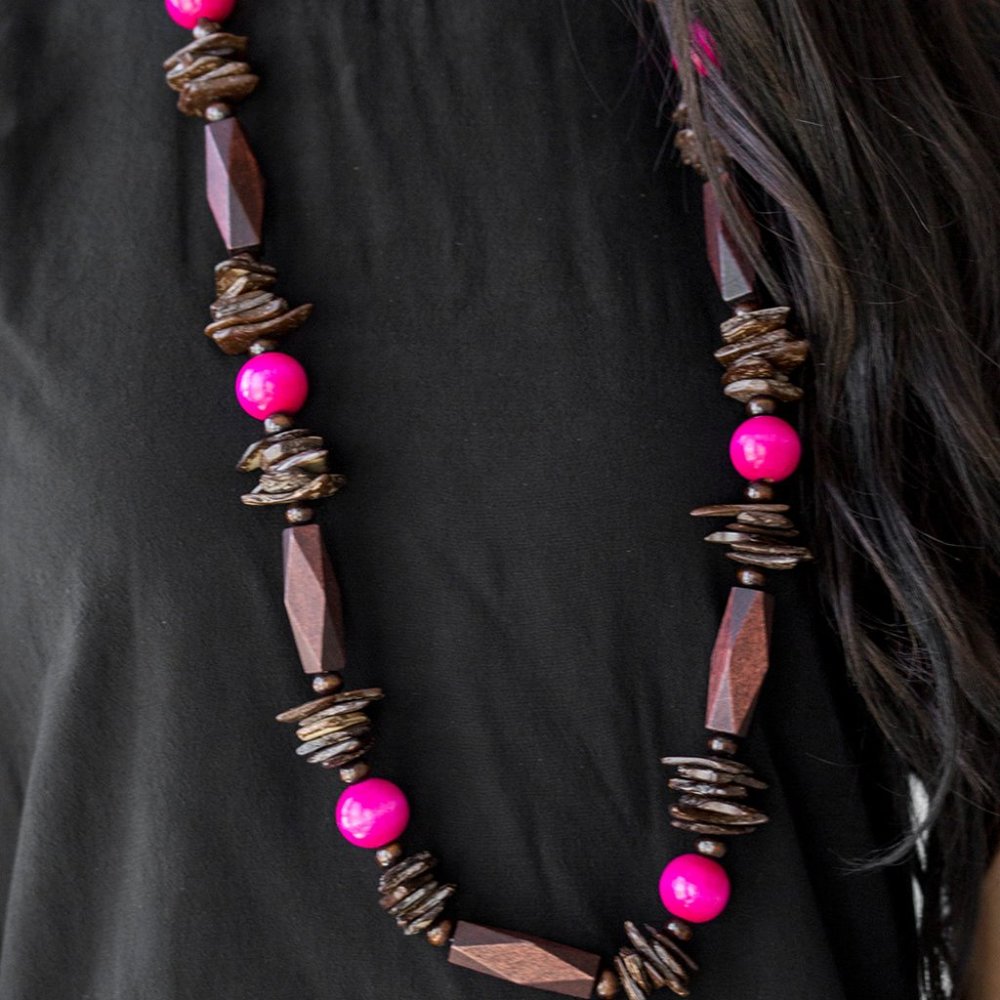 Paparazzi Cozumel Coast Pink Wooden Necklace and Earring Set